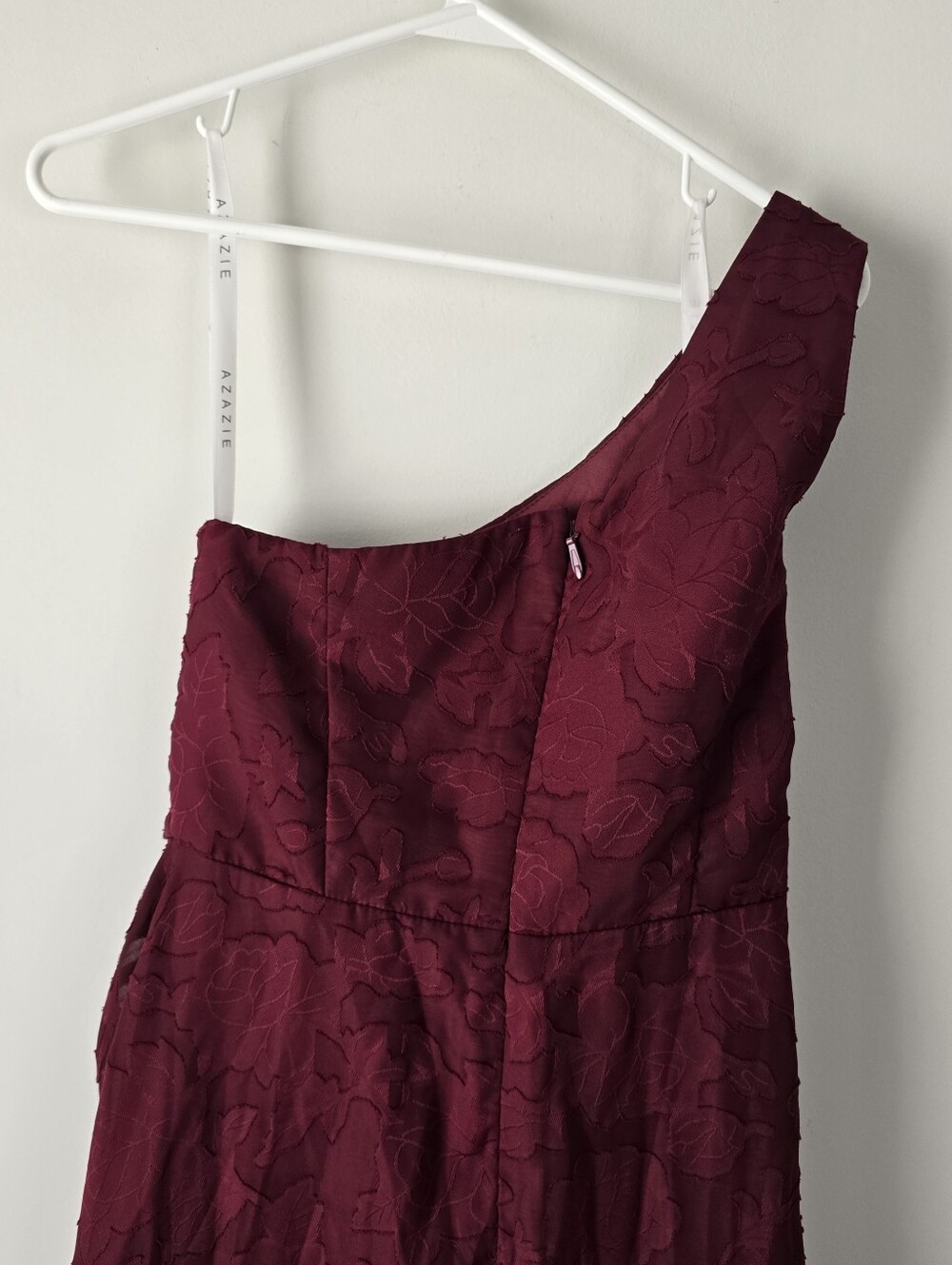 Azazie Atelier Hermosa Wine One Shoulder Maxi Dress 6 Floral Burnout Side Slit - Picture 7 of 14